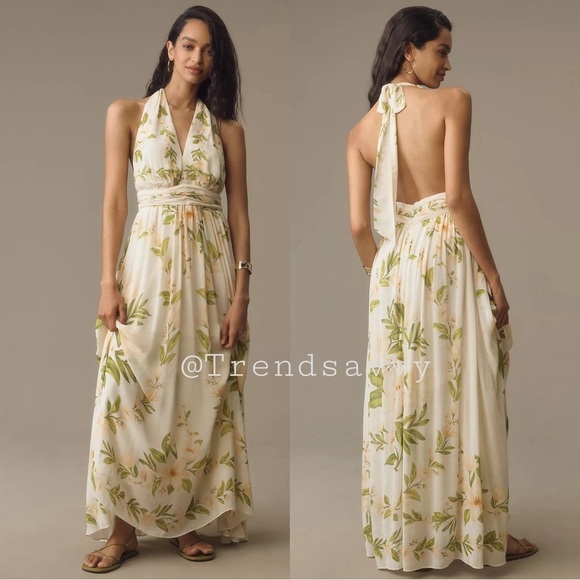 Farm Rio Floral V-Neck Chiffon Open Back Maxi Dress Anthropologie Tropical NWT - Picture 1 of 9